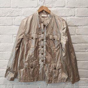 CHICOS 3 Field Jacket Women XL 16 Gold Shimmer Ruffle Metal Button up Lightweigh
